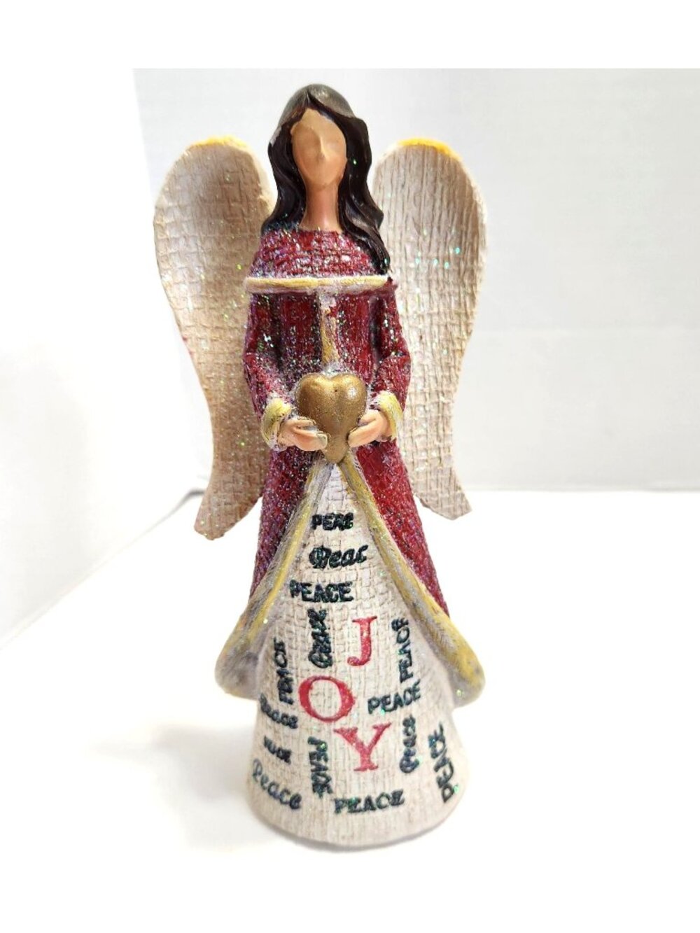 Christmas Angel Figurine Glittered Red White Gold Peace Joy Statue 7" Collectibl